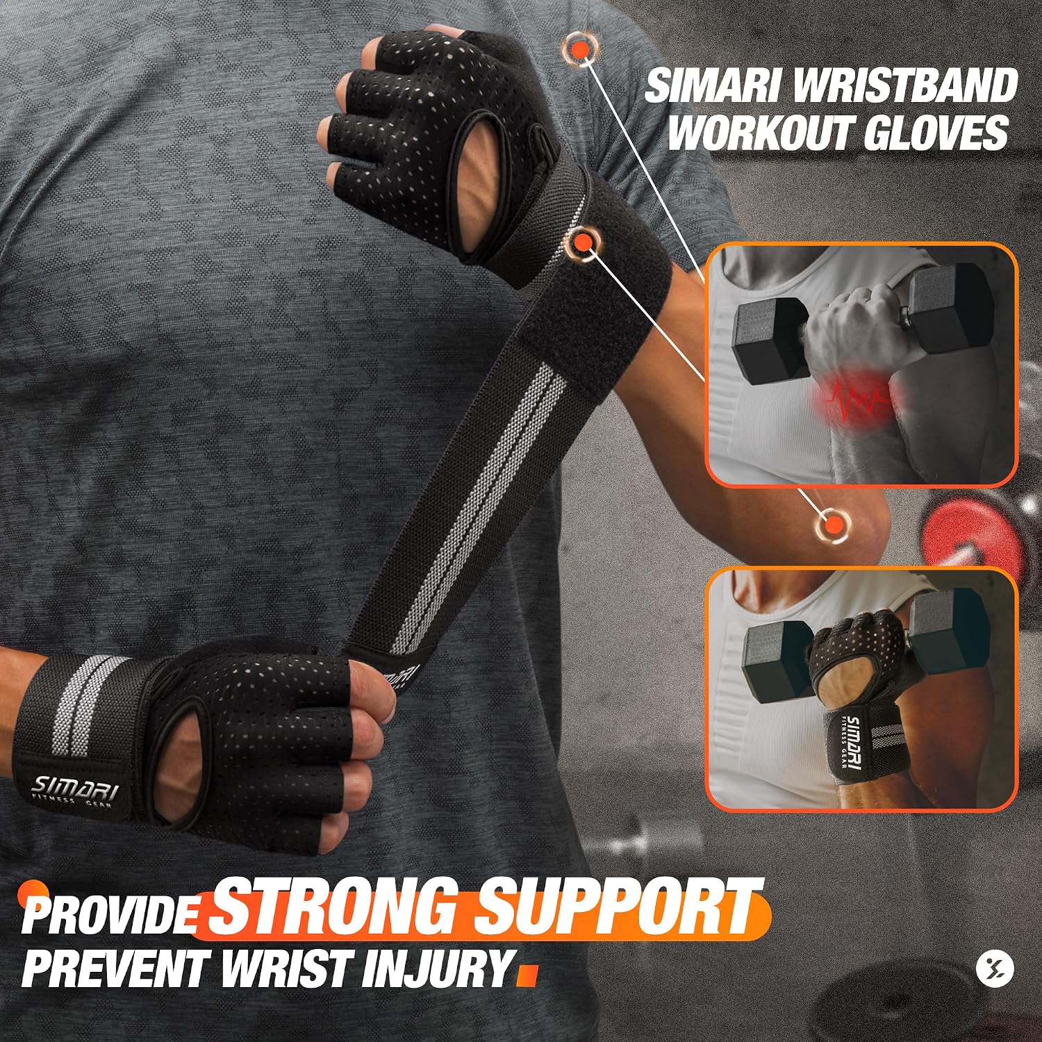 SIMARI Breathable Workout Gloves for Men Women, Padded Weight Lifting Gloves with Wrist Wraps Support, Full Palm Protection, Grip for Gym Training, Fitness, Weightlifting, Exercise Fingerless Black