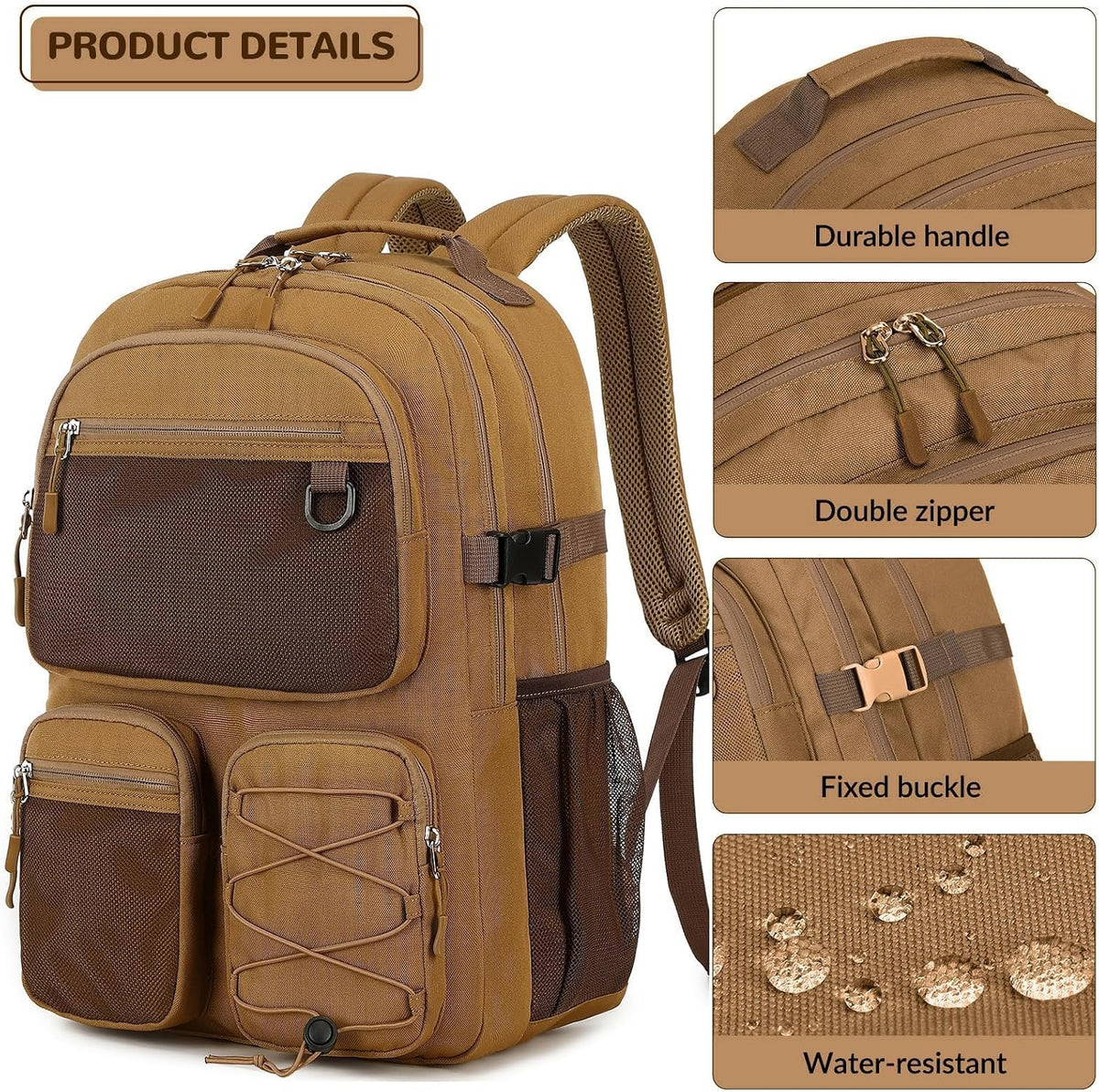 Lohol Water Resistant Backpack for School Travel College Travel, Large Bookbag with Mulitiple Pockets for Men and Women (Brown)