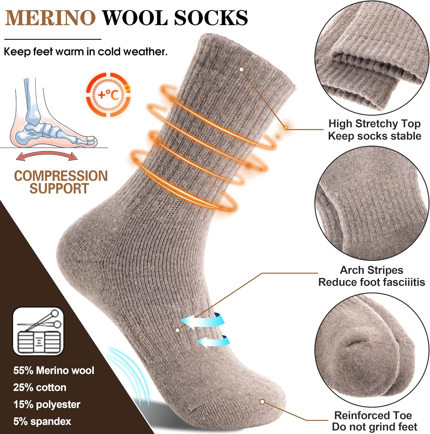 MOGGEI 5 Pairs Womens Merino Wool Socks Hiking Warm Winter Thick Thermal Crew Cozy Cabin Ladies Gift Comfy Boot Work Socks