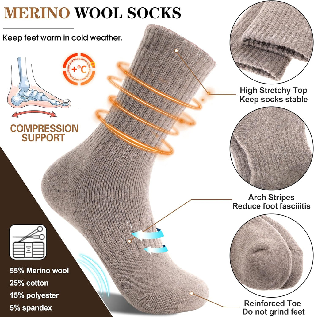 MOGGEI 5 Pairs Womens Merino Wool Socks Hiking Warm Winter Thick Thermal Crew Cozy Cabin Ladies Gift Comfy Boot Work Socks
