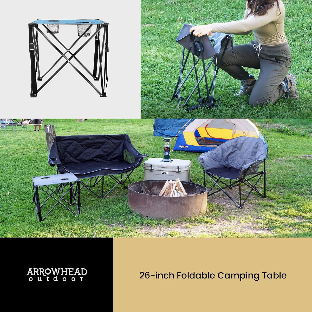 ARROWHEAD OUTDOOR 26” (66cm) Portable Camping Folding Table, 2 Cup Holders, Square, Carrying Case, Steel Frame, High-Grade 600D Canvas