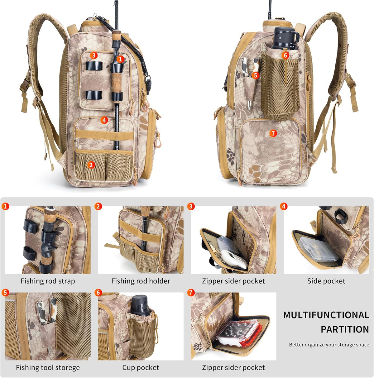 Rabjen Fishing Tackle Backpack with Rod Holders, Bottle Holder, Storage Bag Store Fishing Gear