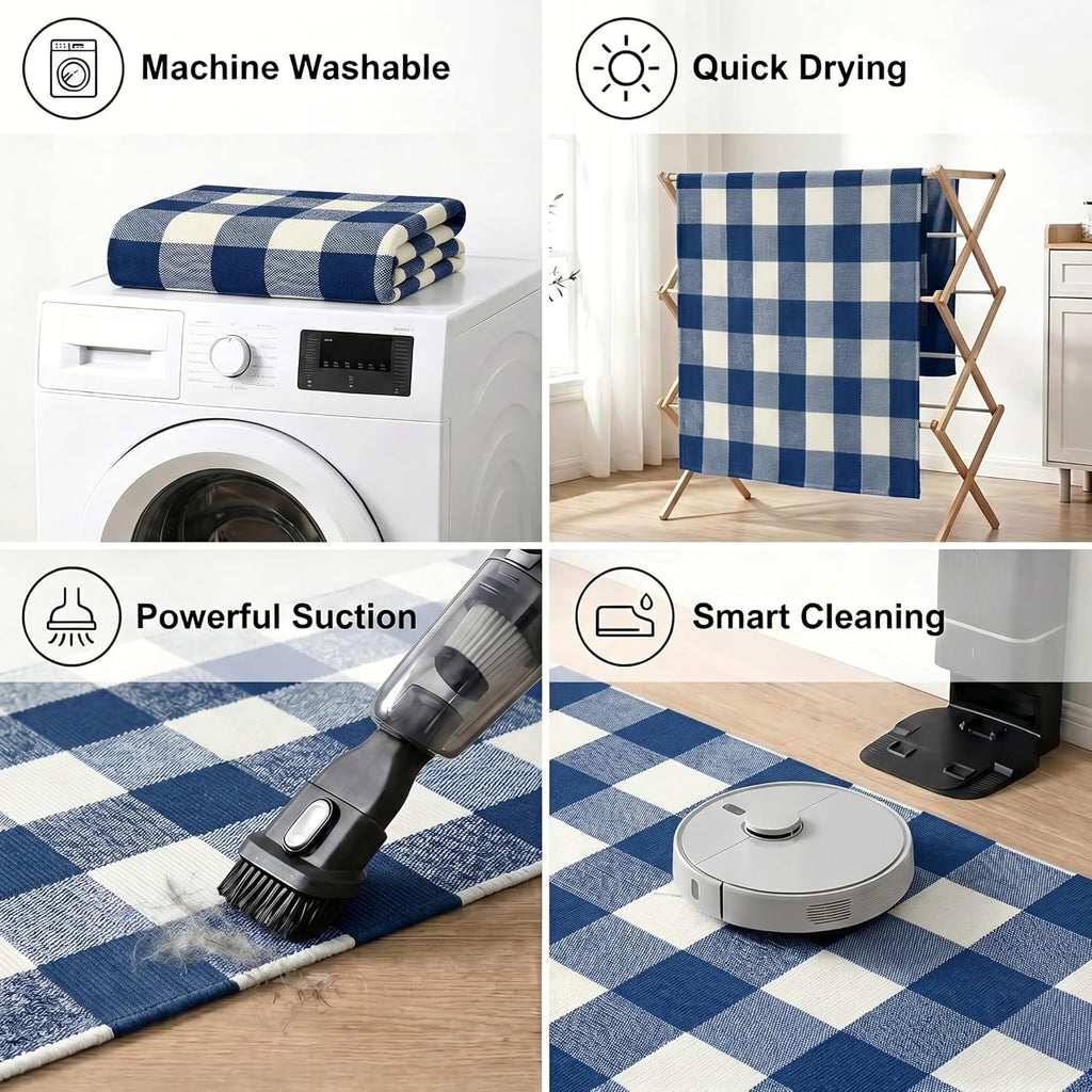 MUBIN Cotton Buffalo Plaid Rug, 3' x 5' Blue White Outdoor Rug Front Door Decorative Mat, Washable Doormat Hand-Woven Foldable Area Rug Layered Door Mats Rug for Front Porch, Entryway, Patio