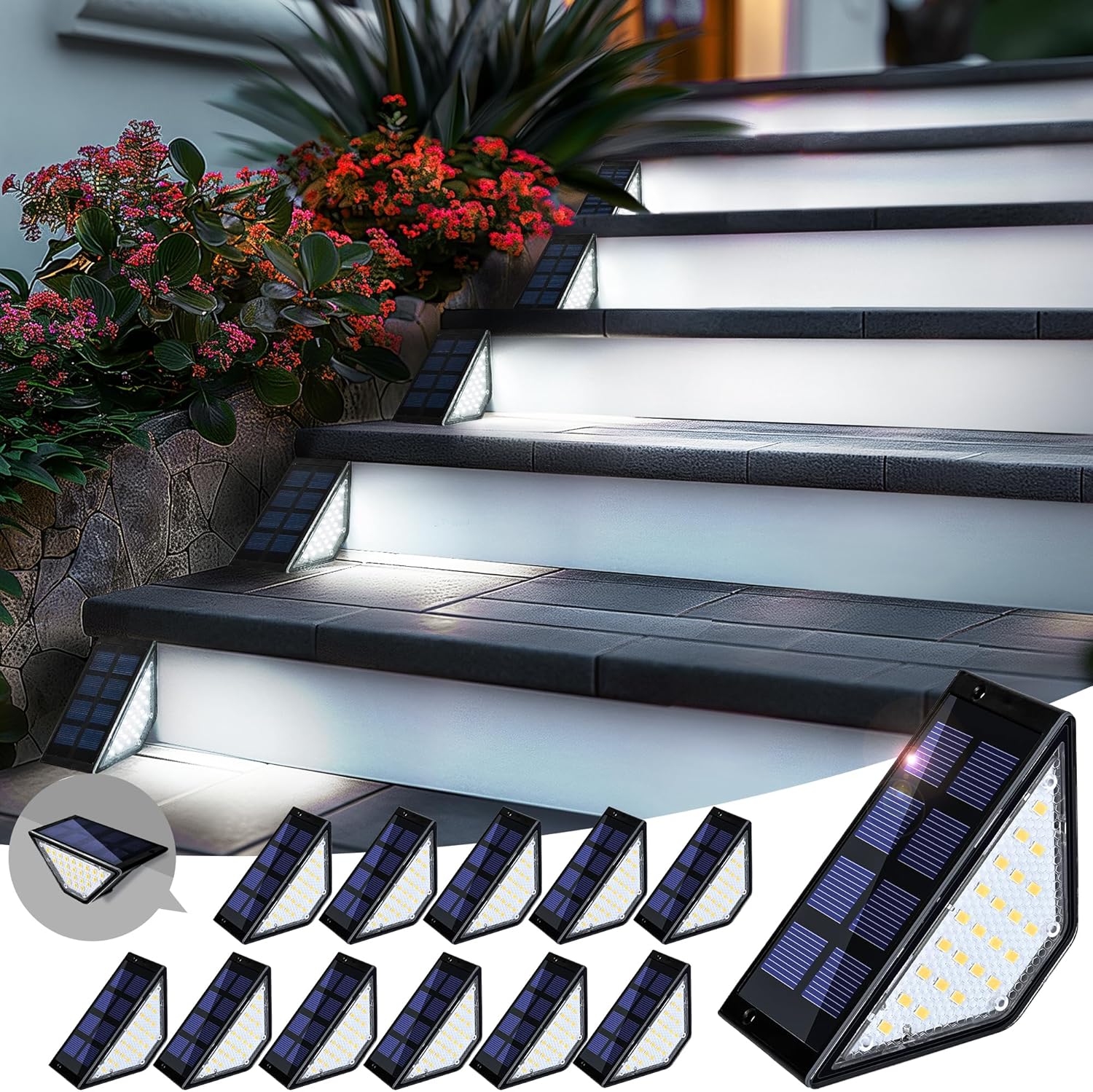 PATIOWIN 6 Pack Solar Step Lights for Outside, 24 LEDs Solar Stair Lights Waterproof IP65, Solar Deck Lights Outdoor Decor for Garden, Porch, Pathway, Patio, Fence(Cold White)