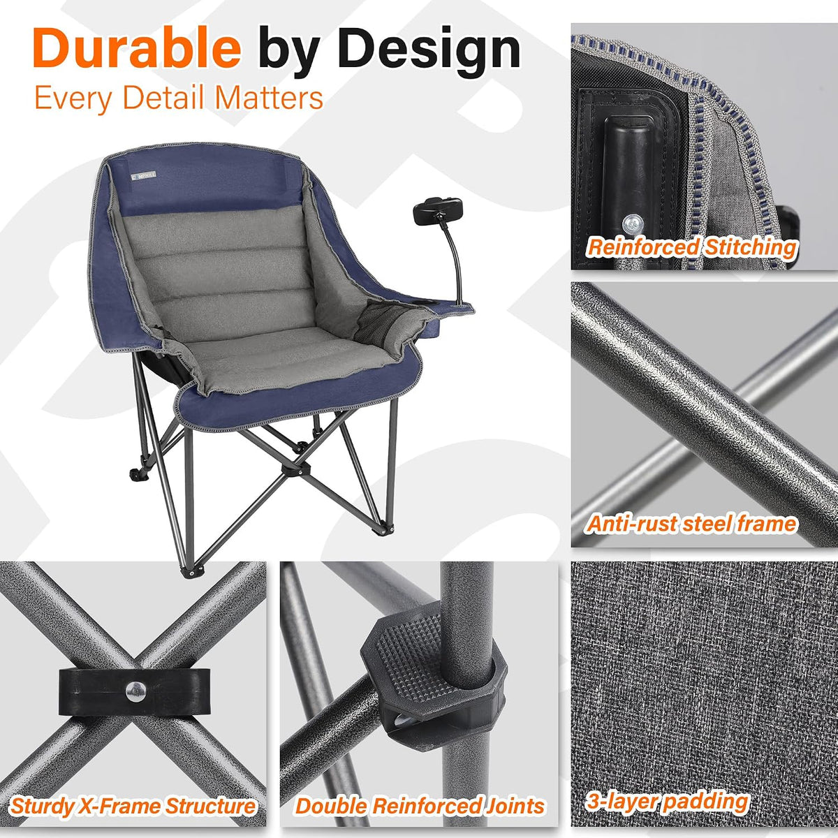 Camping Chairs for Adults-Oversized Extra Large Lawn Chair,Folding Comfy Padded Chair w/Phone Holder,Side Pocket,Cup Holder for Outdoor,Wide&Thick,Heavy Duty 400Lbs,Blue