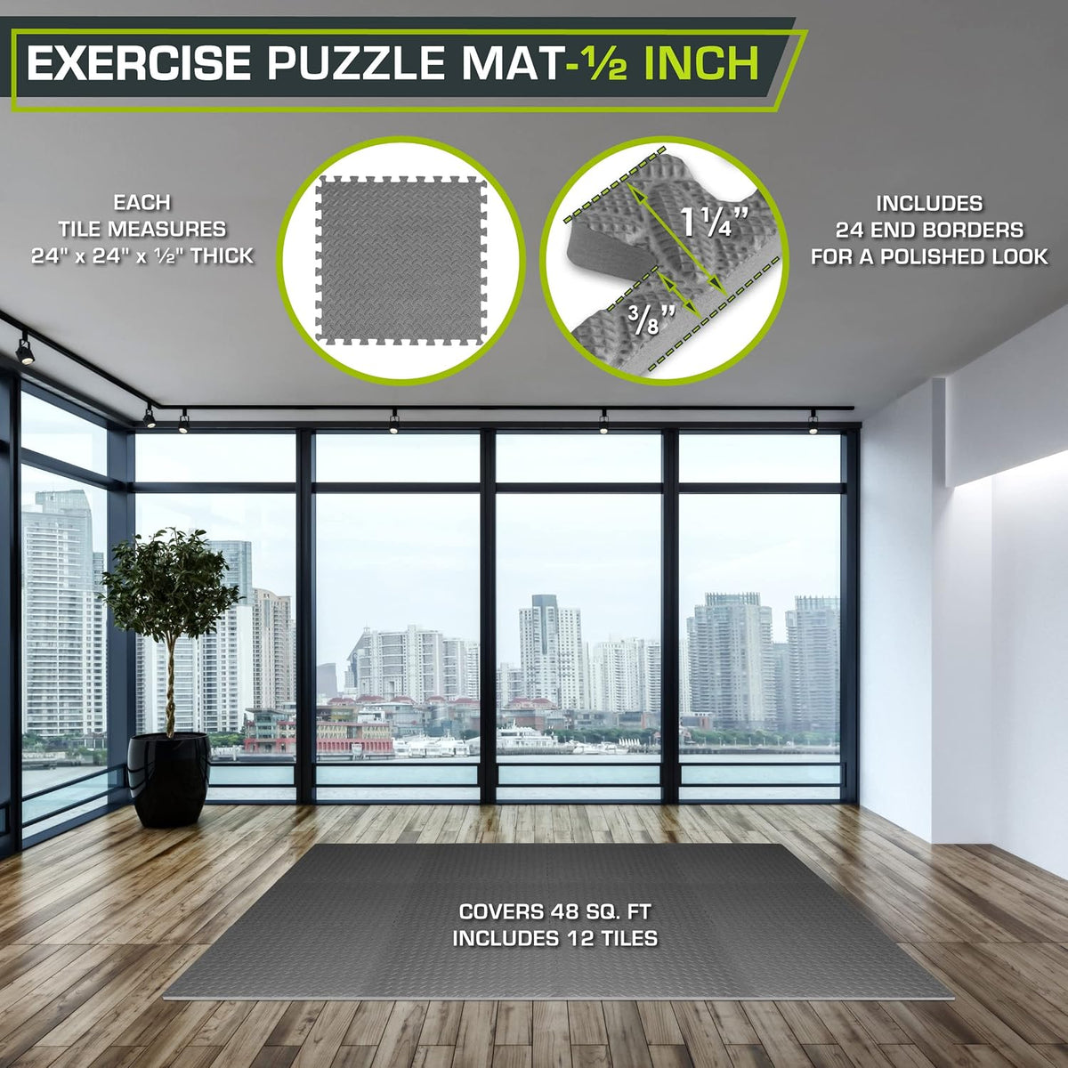 ProsourceFit Exercise Puzzle Mat ½-inch, EVA Interlocking Foam Floor Tiles for Home Gym, Workout Equipment, Kids Play Areas, Grey, 48 SQ FT - 12 Tiles