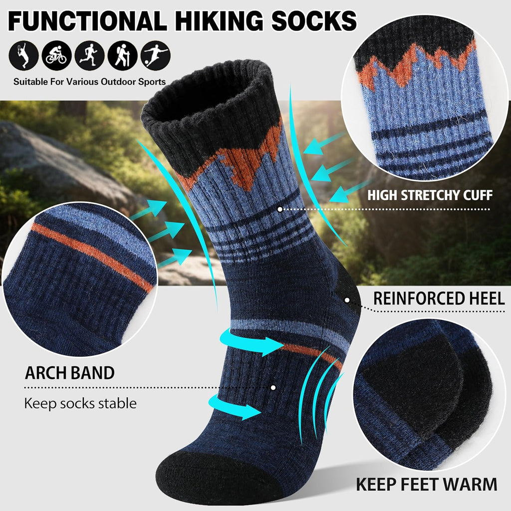 Sandsuced Merino Wool Hiking Warm Socks Thermal Winter Cozy Crew Socks with Cushioned Sole & Moisture Wicking 5 Pairs for Men