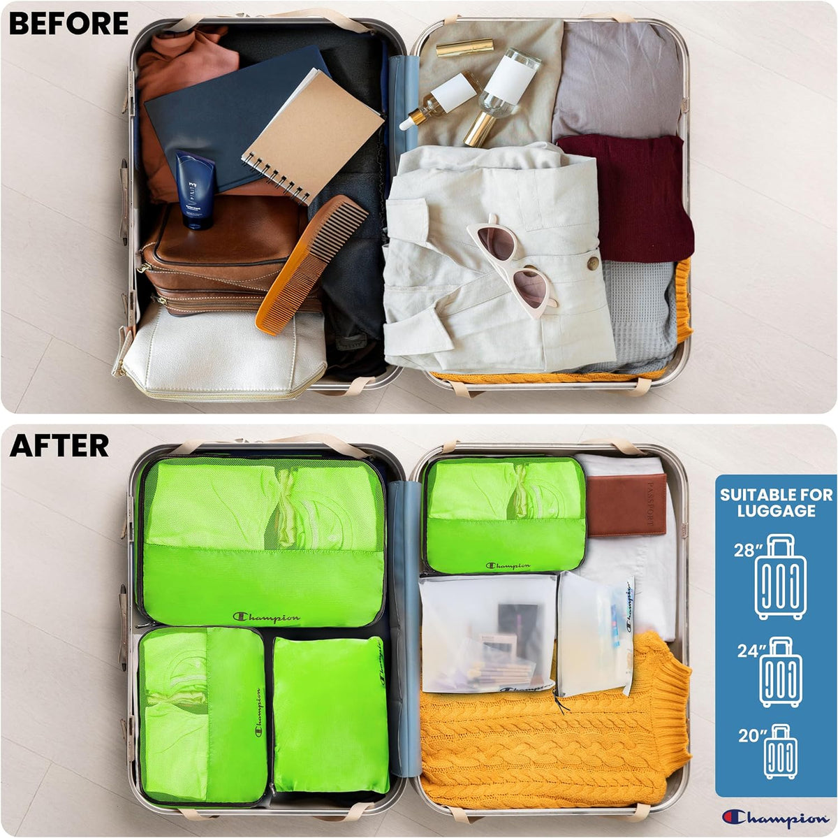 Champion Packing Cubes for Travel - 6 Piece Organizer Set, Carry-On Ready