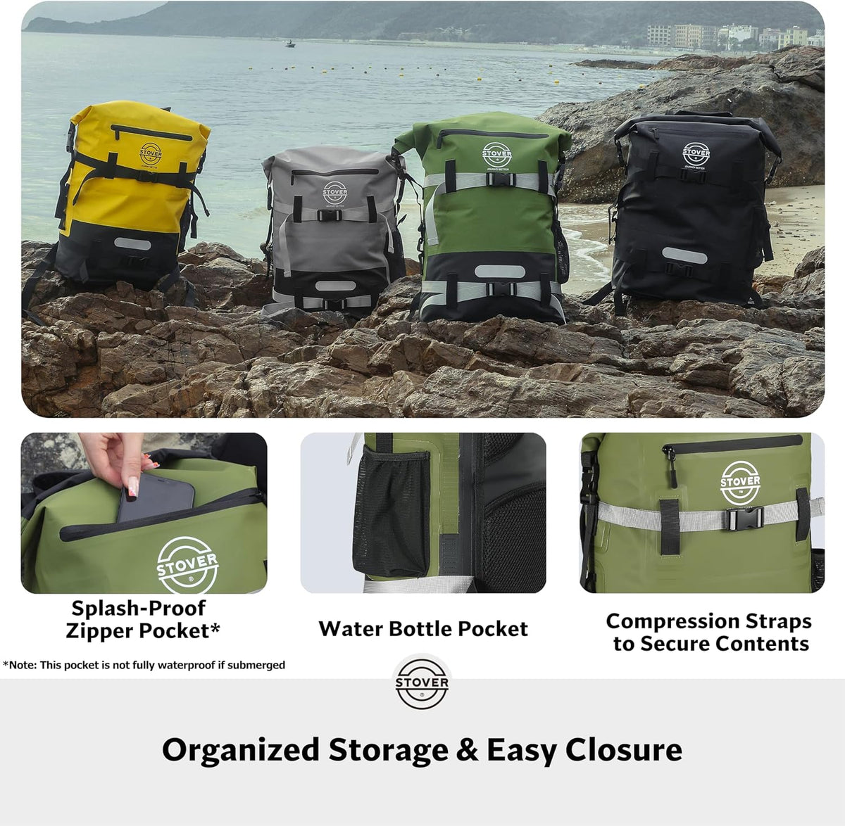 STOVER 30/40/55L Waterproof Dry Backpack & Phone Case- X-Large Floating Dry Bag for Kayaking, Travel, Hiking, Fishing, Camping, Motorcycles & Beach, Heavy-Duty Roll Top Men/Women (Green)