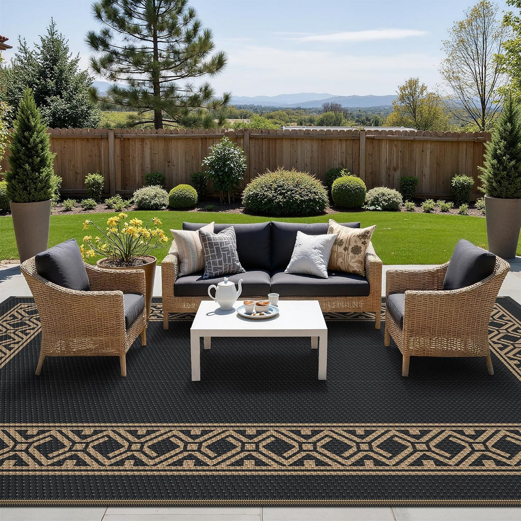 GENIMO Outdoor Rug, Waterproof Plastic Rugs for Patio, 6'x9' Black Brown