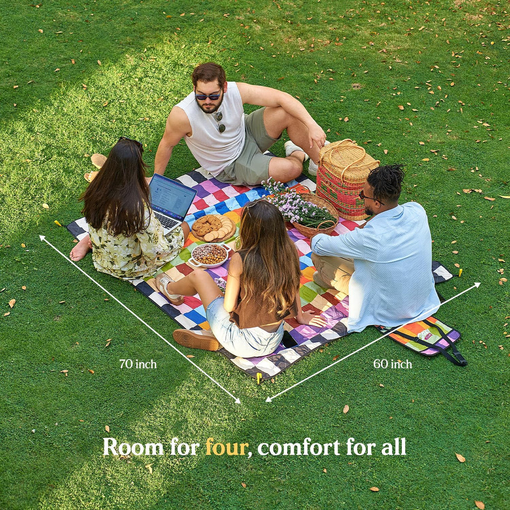 Cozy Club Waterproof Picnic Blanket – Foldable Outdoor Mat 60x70 with Stakes, Pocket & Shoulder Strap | Sandproof Beach Blanket for Festivals, Camping & Travel | Self-Packing | Multicolor | US Brand