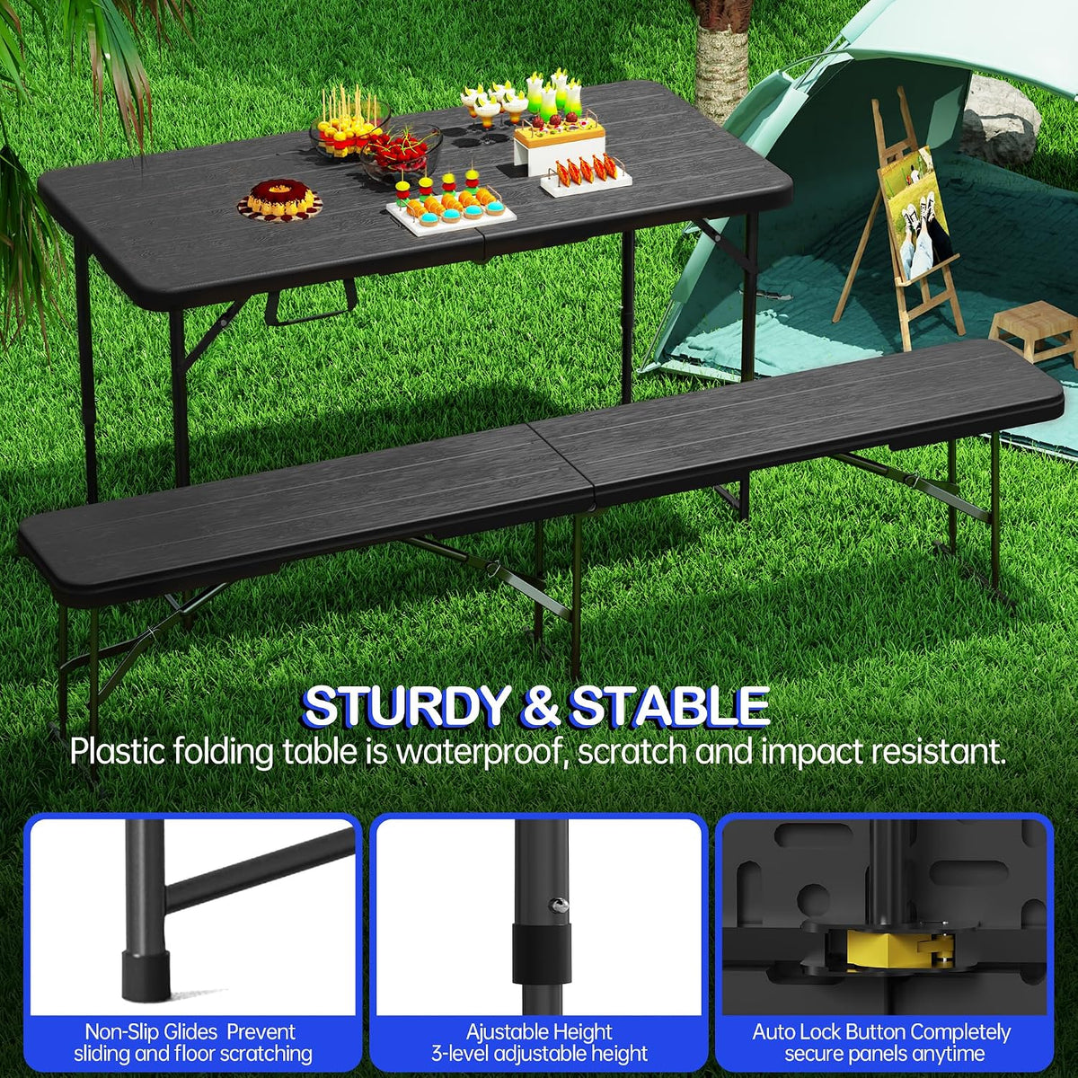 VSOAEIL 4 FT Folding Table 2 Pack Plastic Foldable Table Adjustable Height