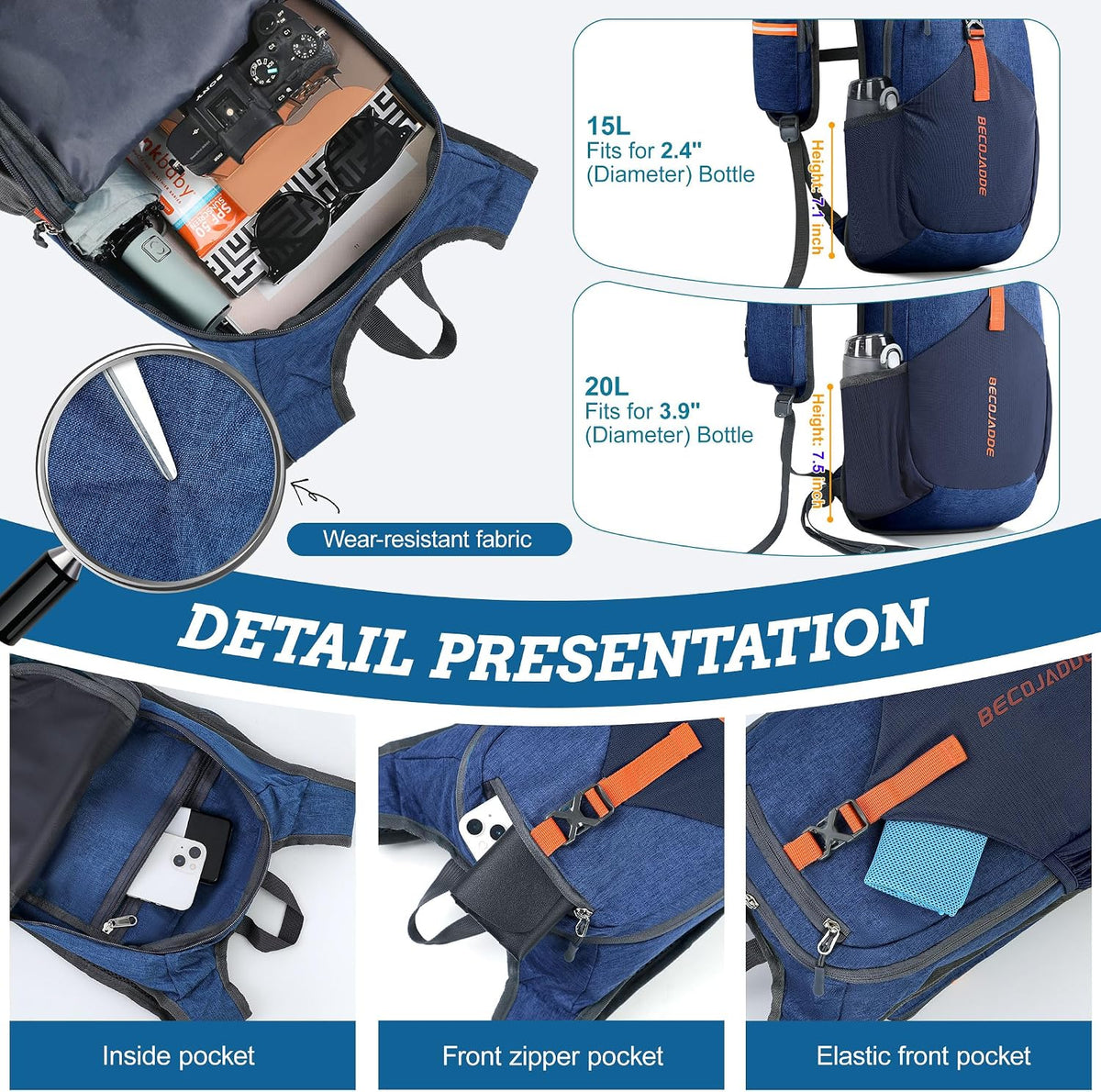 BECOJADDE 15L Small Hiking Backpack for Men Women Foldable Packable Back Pack Ultralight Hiking Daypack for Travel Camping Outdoor, Navy Blue