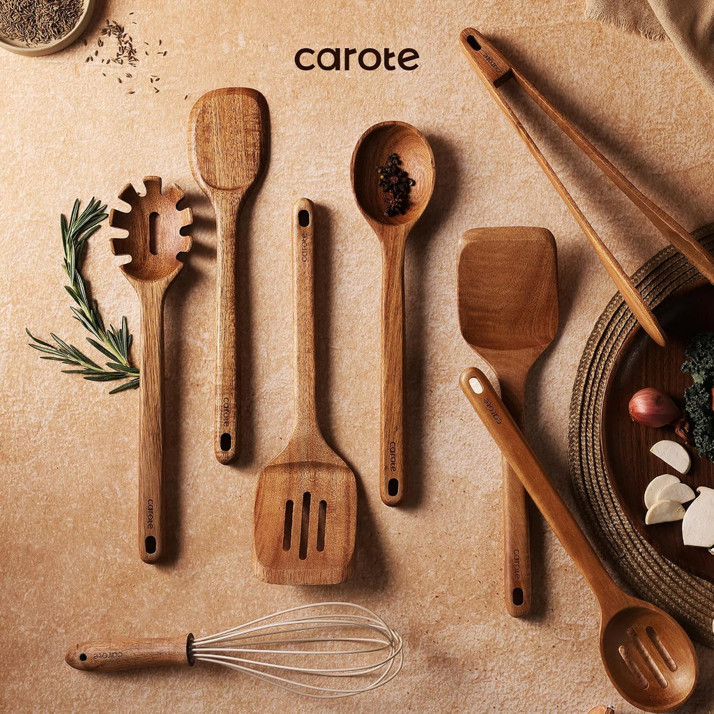 CAROTE Wooden Utensil Set, 8-Piece Acacia Wood Cooking Utensils
