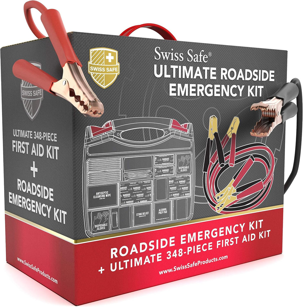Swiss Safe 2-in-1 378-Pcs Car First Aid Kit, Jumper Cables, Essentials
