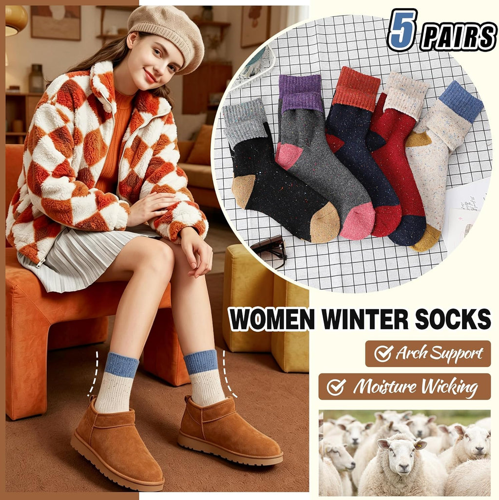 EBMORE 5 Pairs Women Merino Wool Boot Socks Warm Thermal Winter Thick Hiking Cozy Cabin Crew Comfy Socks for Ladies