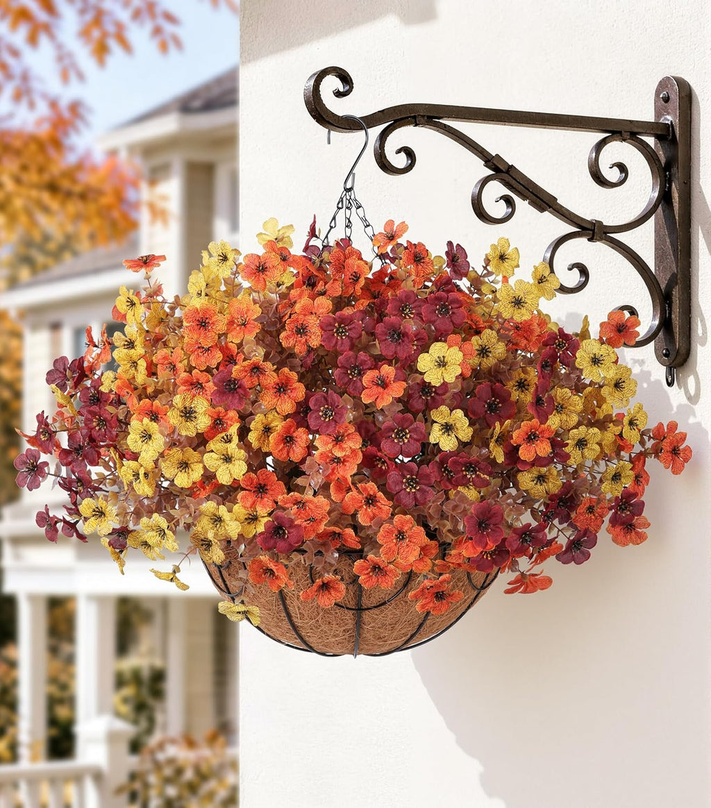 HyeFlora 2 Set Artificial Outdoor Faux Fall Mums Hanging Flowers Plants Basket Outside, 14 Bundles Fake Silk Daisy Fern in Planter UV Resistant for Autumn Porch Balcony Patio Yard Decor, 3 Colors Mix