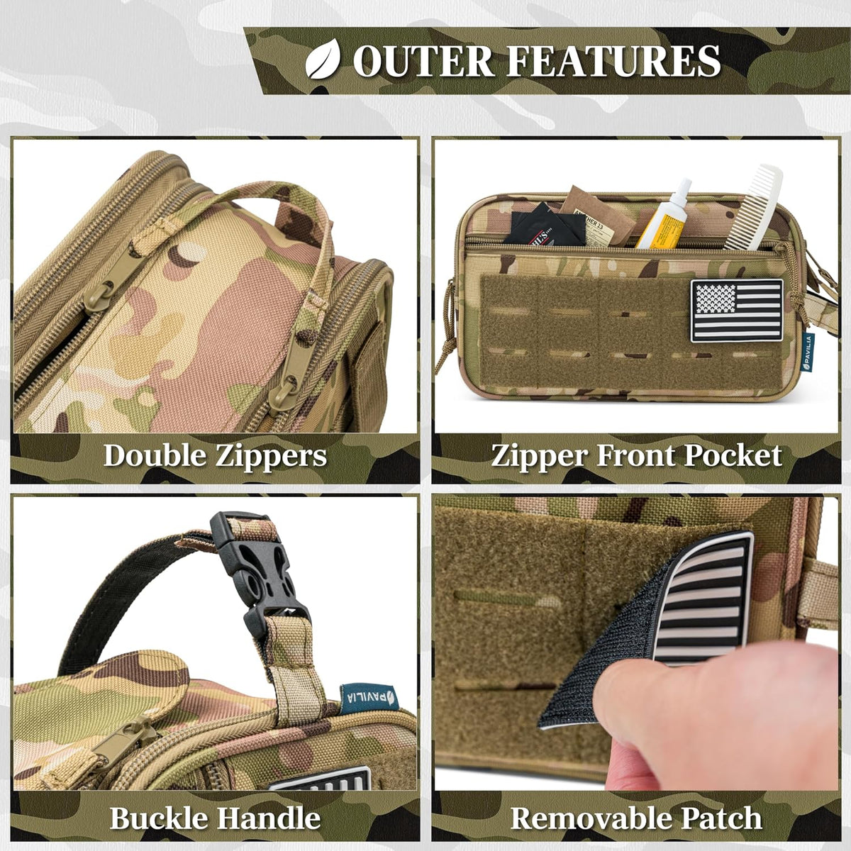 PAVILIA Tactical Toiletry Bag for Men, Water Resistant Molle Military, Camo