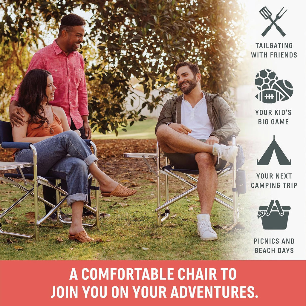 PICNIC TIME Sports Chair with Side Table and Armrest Caddy, Lightweight Aluminum Folding Outdoor Camping Chair for Adults, Portable Director Style Lawn Seating with Pockets & Strap, (Hunter Green)