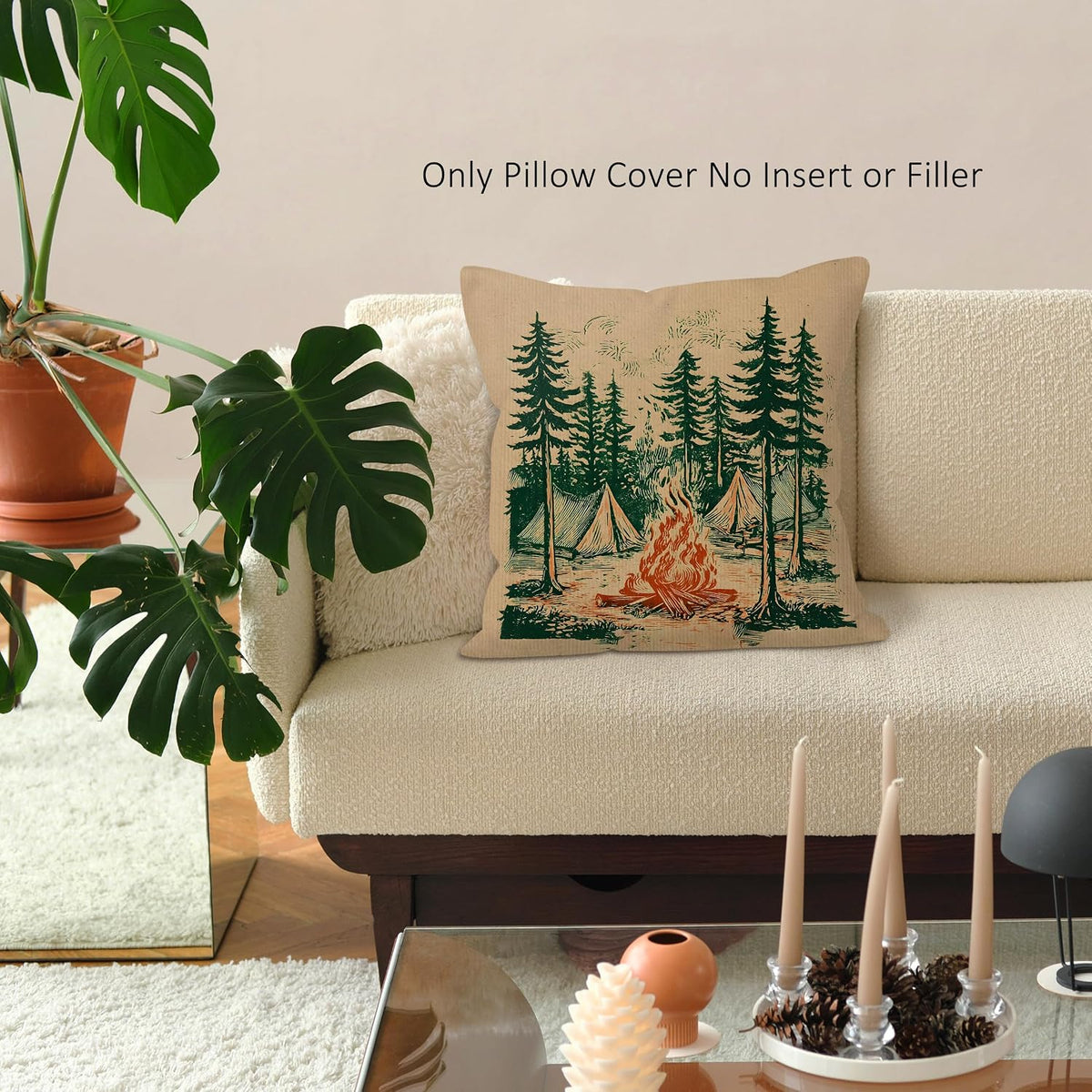 Rustic Camping Forest Throw Pillow Covers, Vintage Camper Pillow Case Cover for Couch, Campfire Square Pillowcase, Retro Camping Decor Cushion Cover Case for Bedroom Living Room, 18x18 in