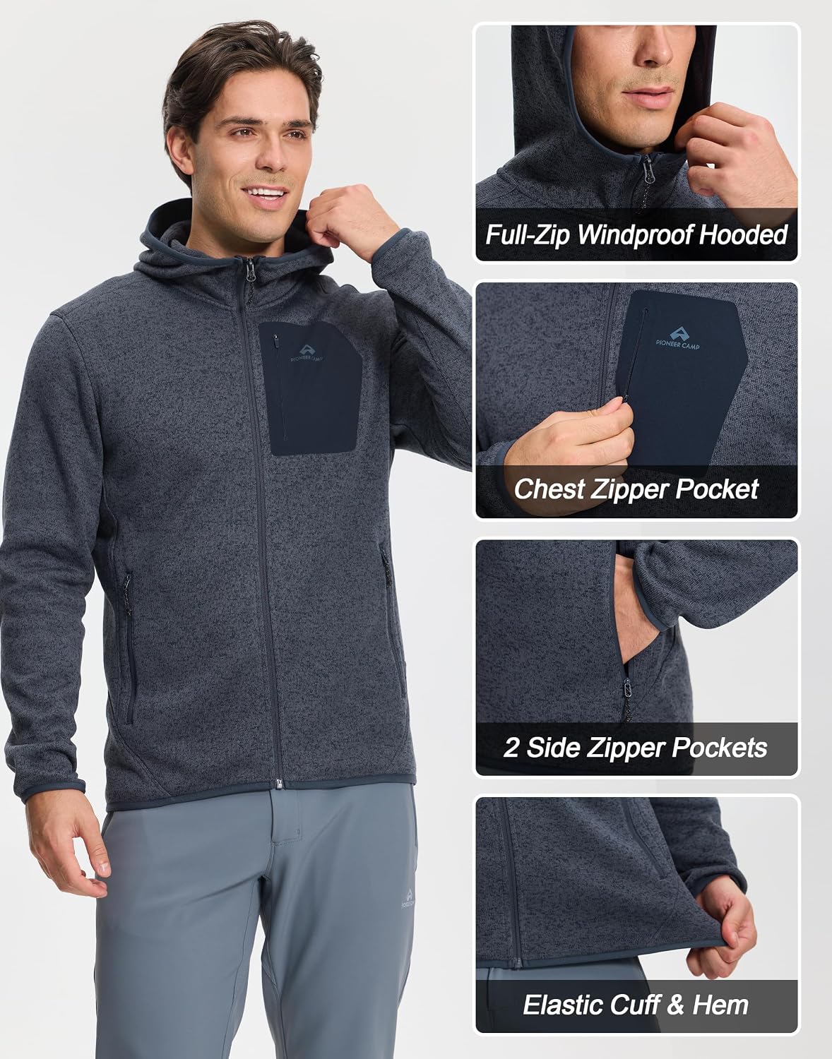 Pioneer Camp Men's Hooded Sweater Fleece Jacket Full Zip Hiking Mid Layer