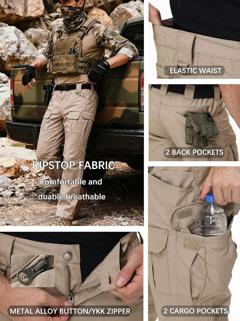 Men's Tactical Pants Water Resistant Stretch Cargo Ripstop Pants Lightweight Breathable Outdoor Work Hiking Pants