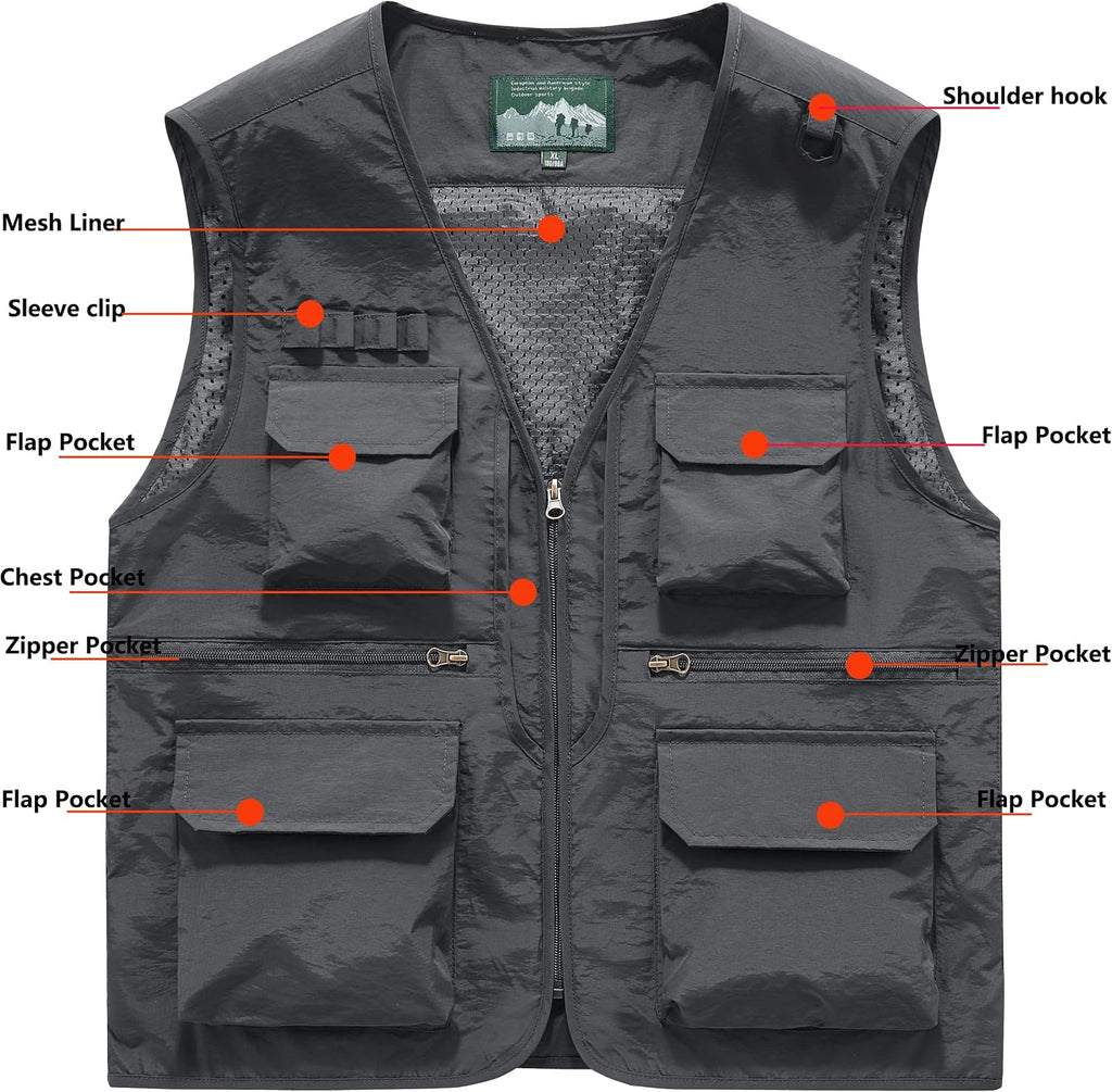 Men's Utility Fishing Cargo Vest Outdoor Lightweight Safari Travel Photo Vest Hiking Waistcoat With Multi Pockets