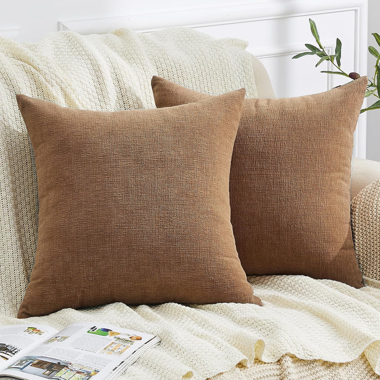 GAWAMAY Decorative Square Throw Pillow Covers 18"x18" Inch Set of 2, Super Soft Chenille Pillows Cover Fall Pillowcase for Living Room Bedroom Sofa Couch Cushion Cover Brown 45x45cm (No Inserts)
