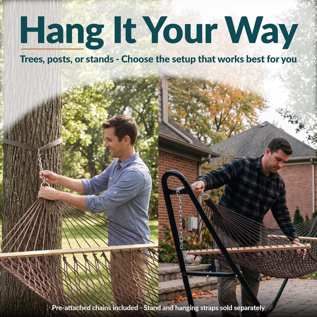 Sunnydaze Double Cotton Rope Hammock for Outside, Backyard, Patio, Brown
