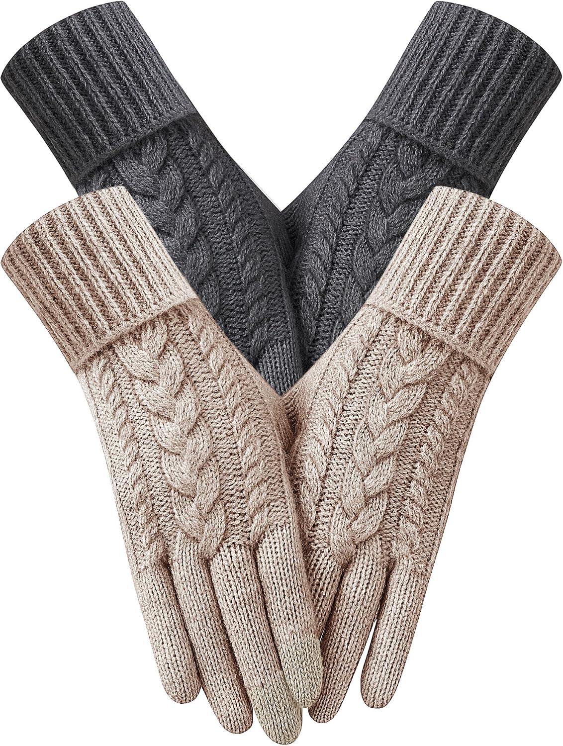 2 Pairs Winter Gloves for Women Cold Weather, Touch Screen Thermal Warm Fleece Lined Knit Gloves for Christmas Gifts
