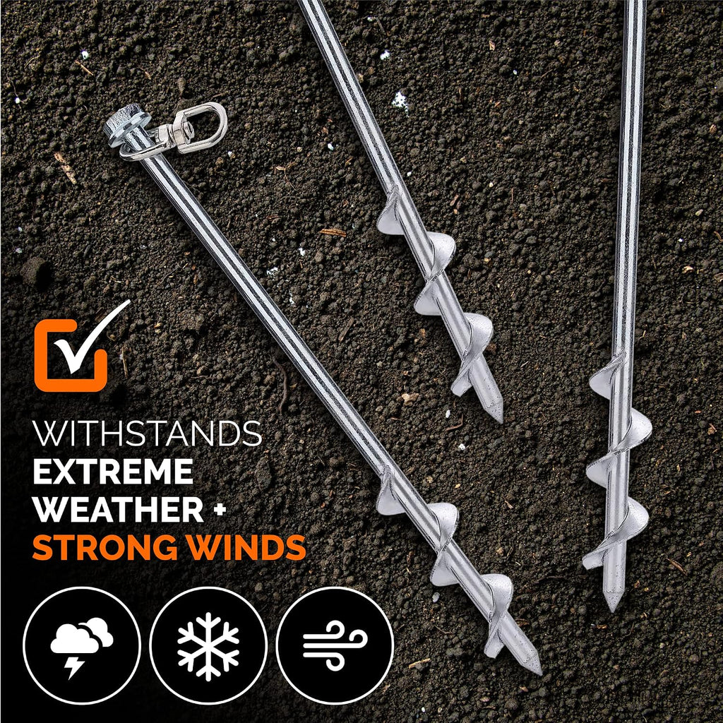 MightyPhine Steel Screw Ground Anchors - Set of 4, 12 Inch, Silver, Metal - Tent Stakes, Trampoline Anchor Kit, Swing Set Anchors, High Wind Resistance