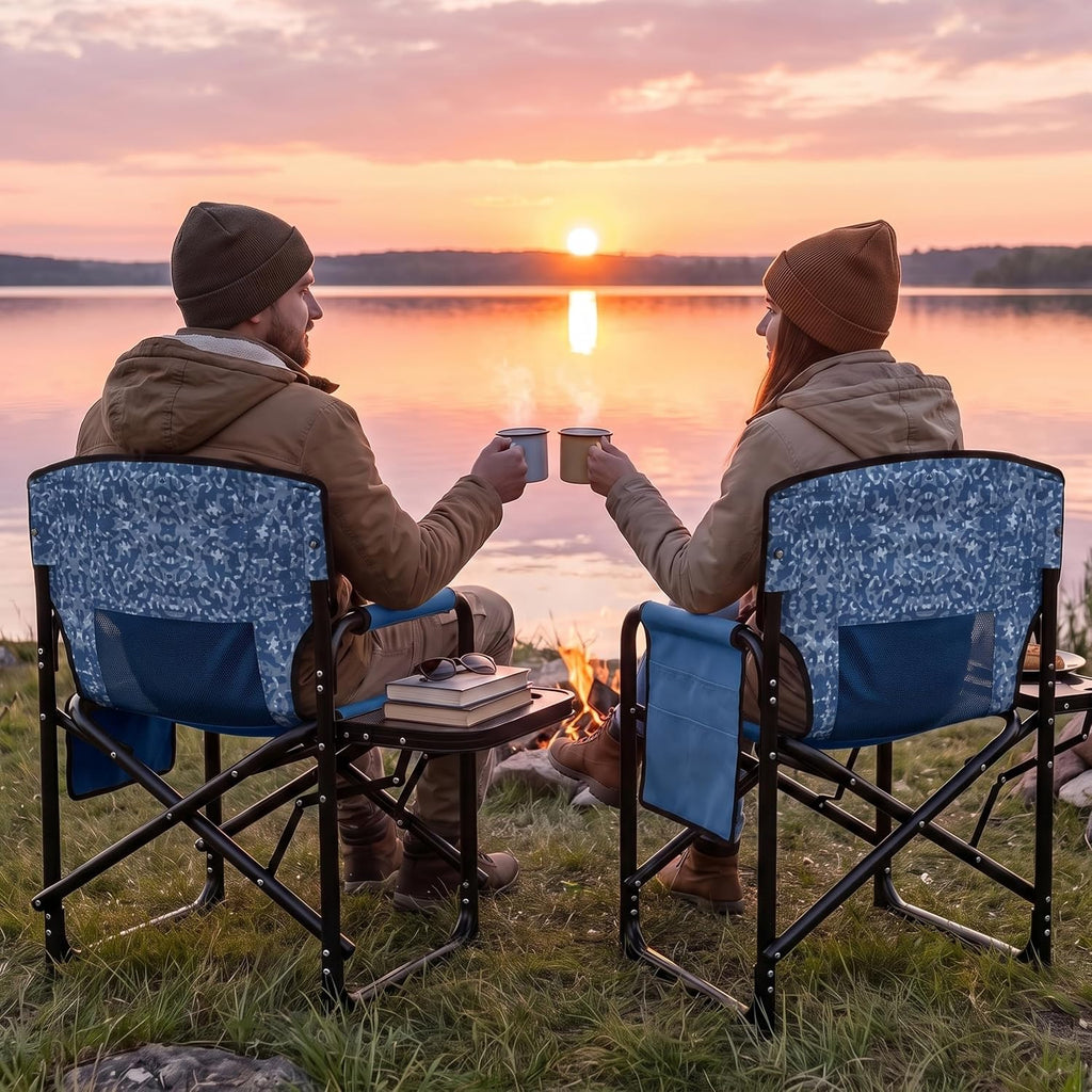 SereneLife Portable Director Chair, Folding Camping Chair with Side Table, Cup Holder & Padded Wide Armrest, 600D Weather-Resistant Fabric, Steel Frame, Carry Bag for Adults, Picnic, Blue Camouflage
