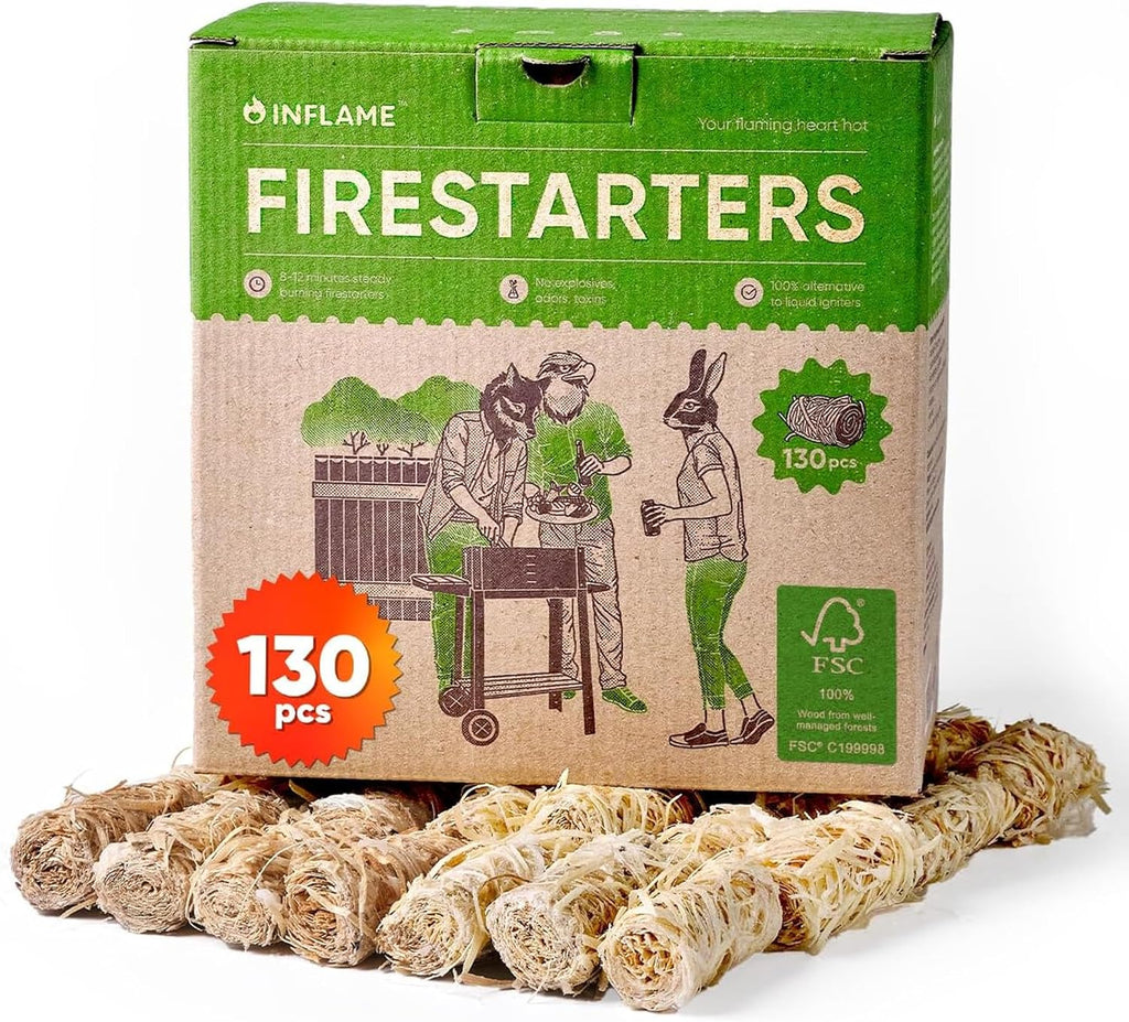 Inflame Fire Starters 130 pcs - Fire Starters for Campfires, Charcoal, BBQ