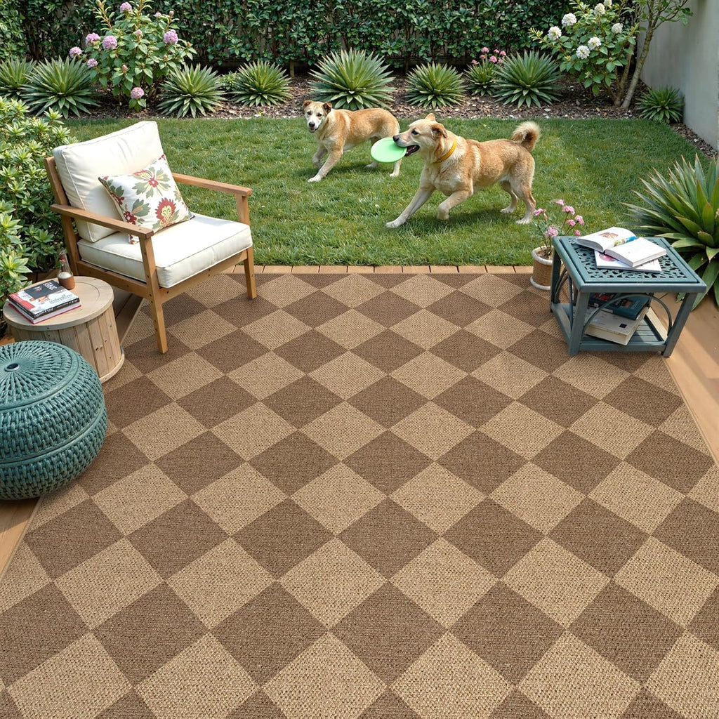 Lahome Checkered Easy Jute 5x7 Outdoor Patio Rug, Living Room Rugs Washable