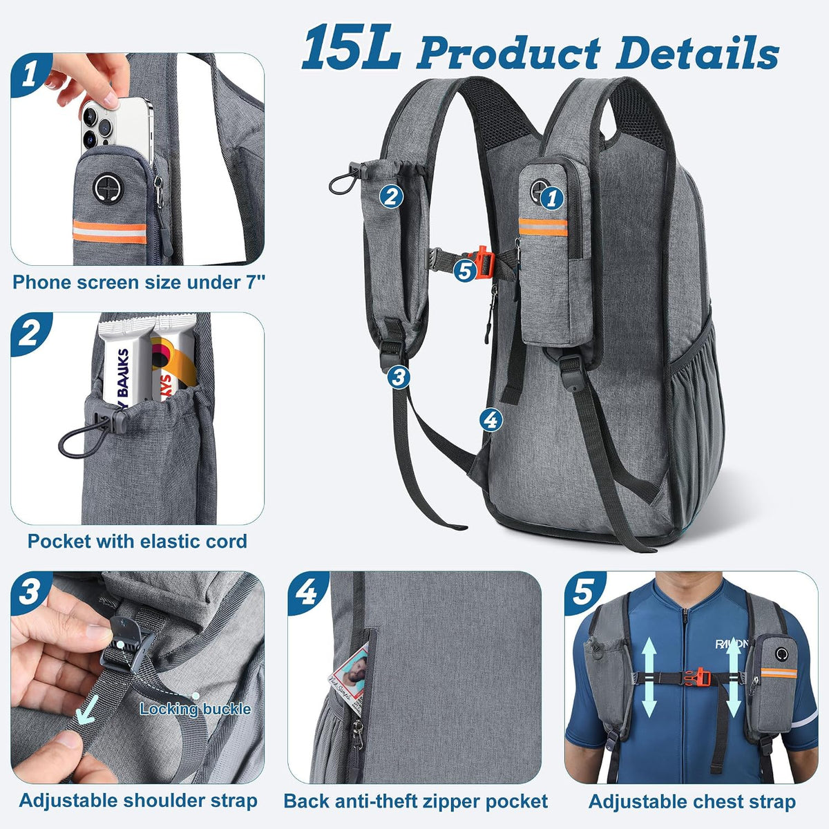 BECOJADDE 15L Small Hiking Backpack for Men Women Foldable Packable Back Pack Ultralight Hiking Daypack for Travel Camping Outdoor, Gray