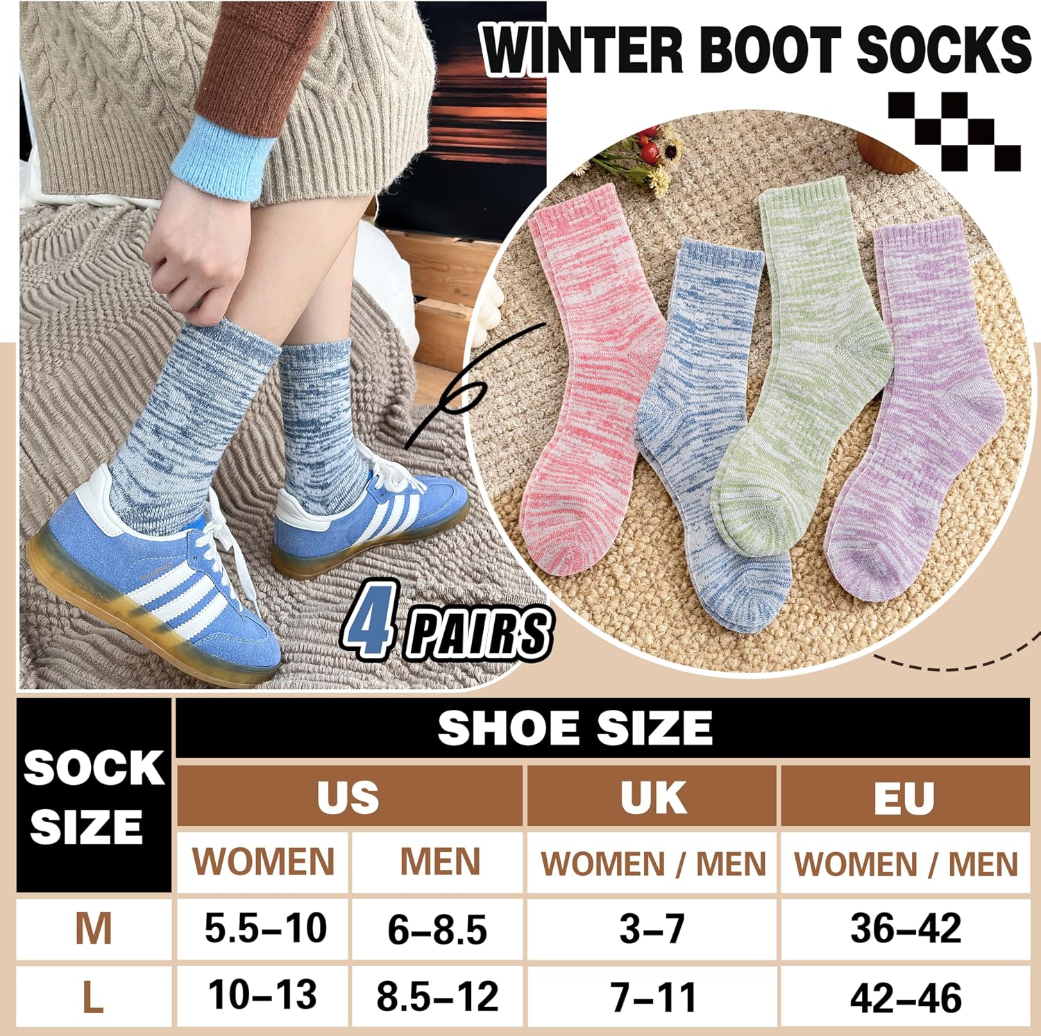 EBMORE Merino Wool Thermal Warm Winter Socks for Women Men