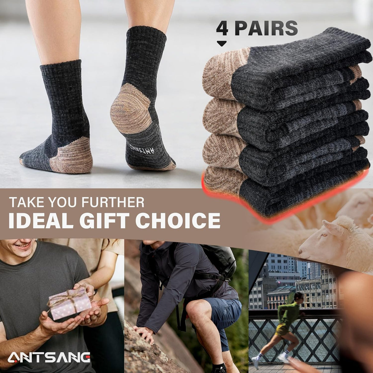 ANTSANG Merino Wool Hiking Socks, Full Cushion, Crew Socks for Men Women
