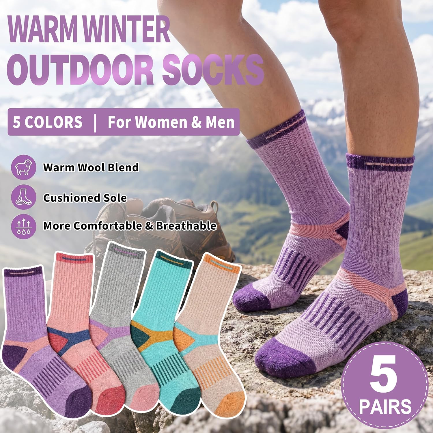 MOGGEI 5 Pairs Merino Wool Hiking Socks Warm Thermal Winter Cozy Cushioned Moisture Wicking Socks for Women & Men