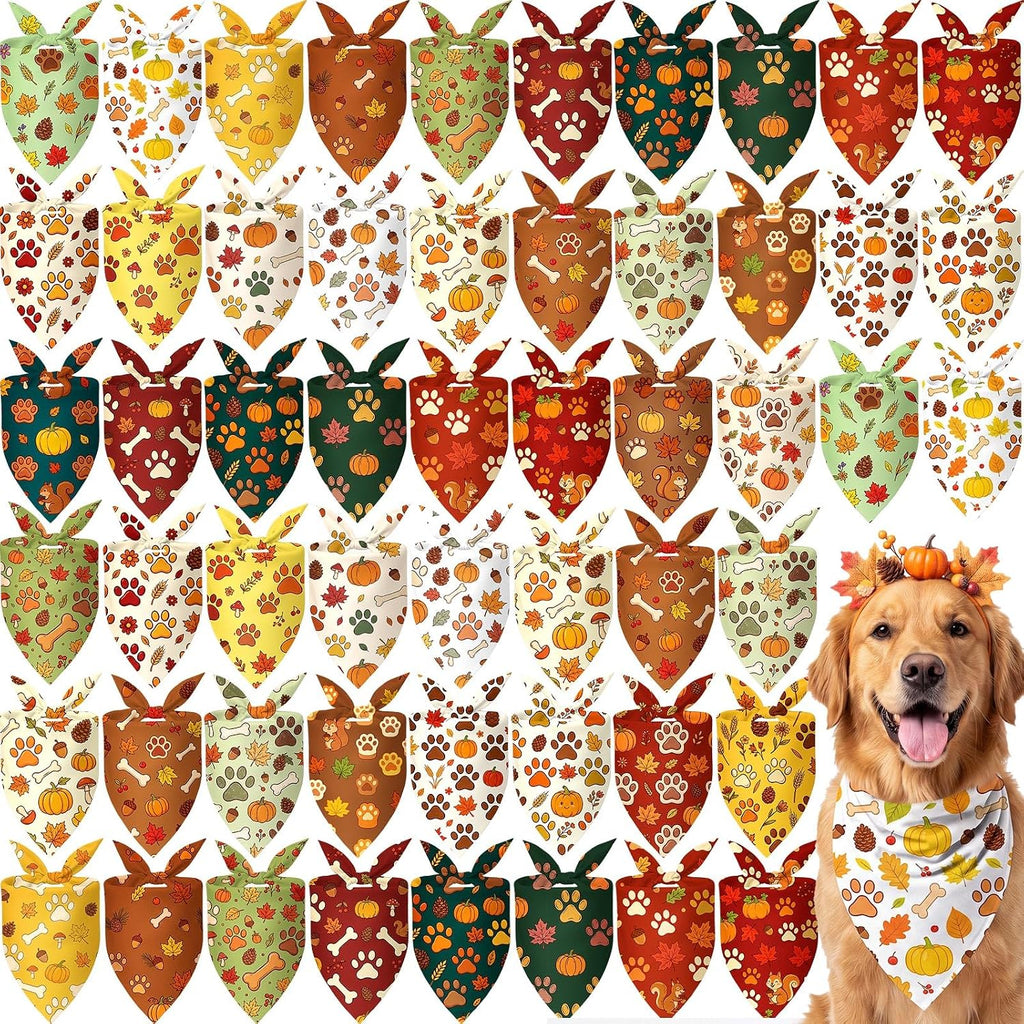 Preboun 50 Pcs Fall Paw Print Dog Bandanas Bulk Autumn Bandanas for Dogs Triangle Kerchief Bibs Scarf Set for Pet Fall Harvest Party Costume Photo Props Accessories, 25 Styles (25.6 x 17.7 x 17.7)