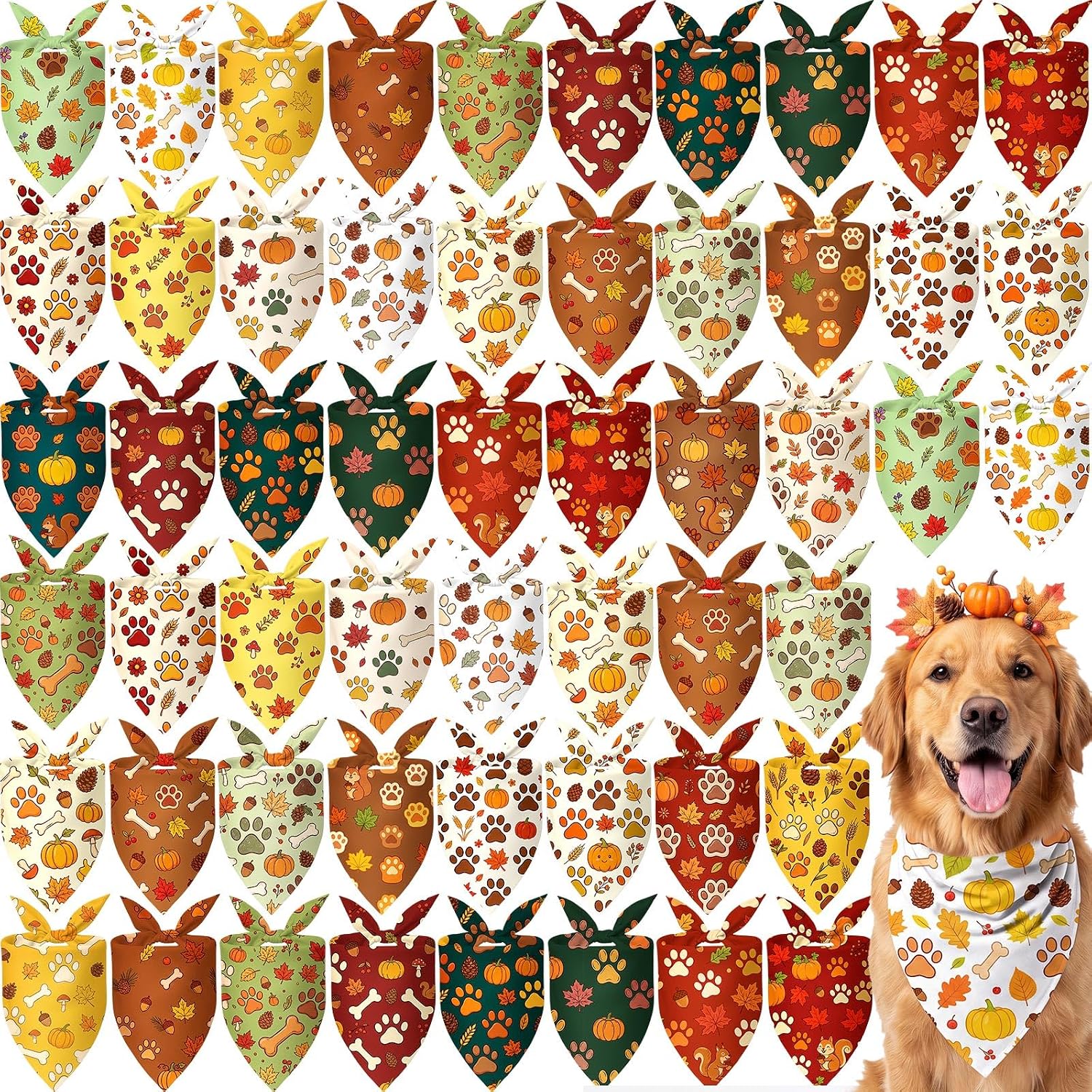 Preboun 50 Pcs Fall Paw Print Dog Bandanas Bulk Autumn Bandanas for Dogs Triangle Kerchief Bibs Scarf Set for Pet Fall Harvest Party Costume Photo Props Accessories, 25 Styles (25.6 x 17.7 x 17.7)