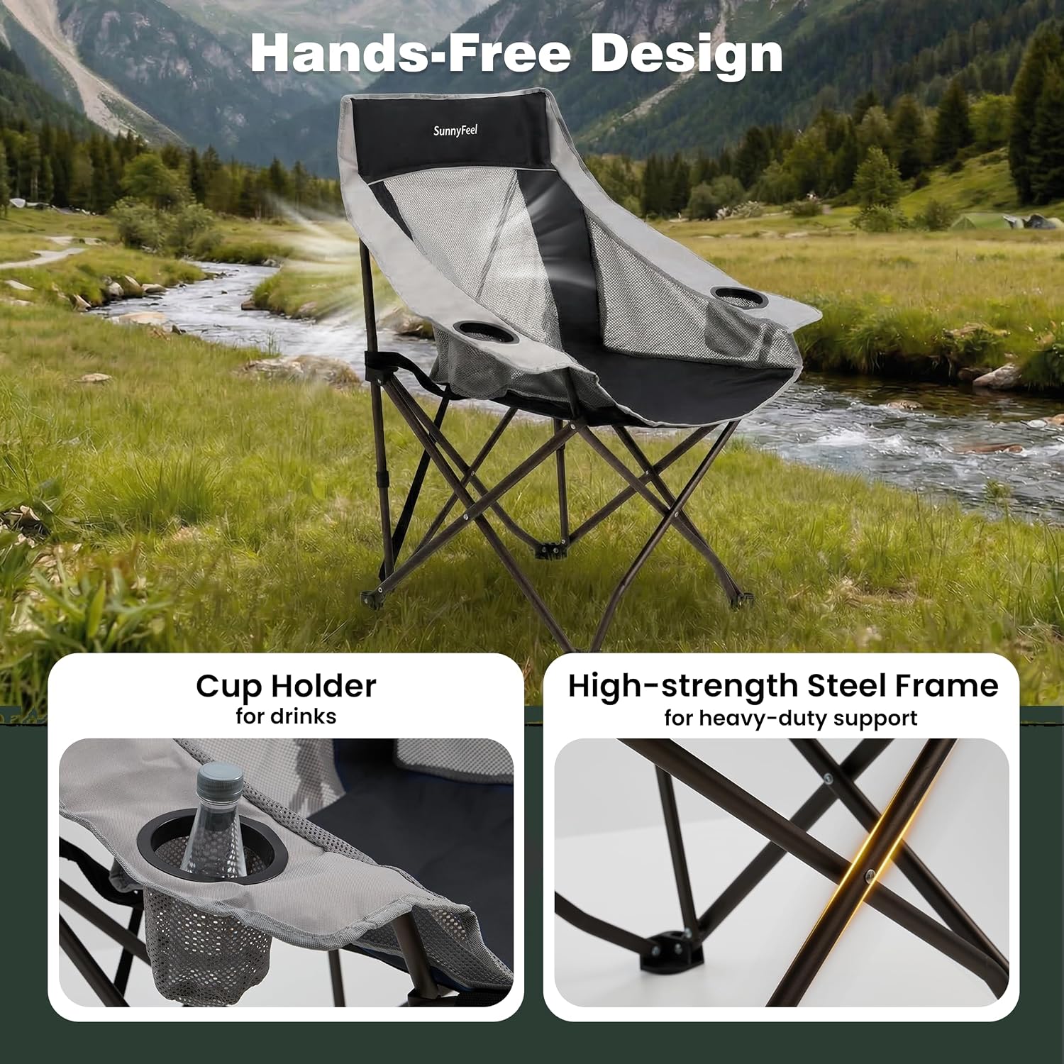 SUNNYFEEL 2 Pack Lightweight Oversized Camping Chairs for Adults, Heavy Duty Portable Folding Chair with Carry Bag, Side Pockets & Cup Holder, Supports 300 lbs, for Tailgating Hiking Picnic Backyard
