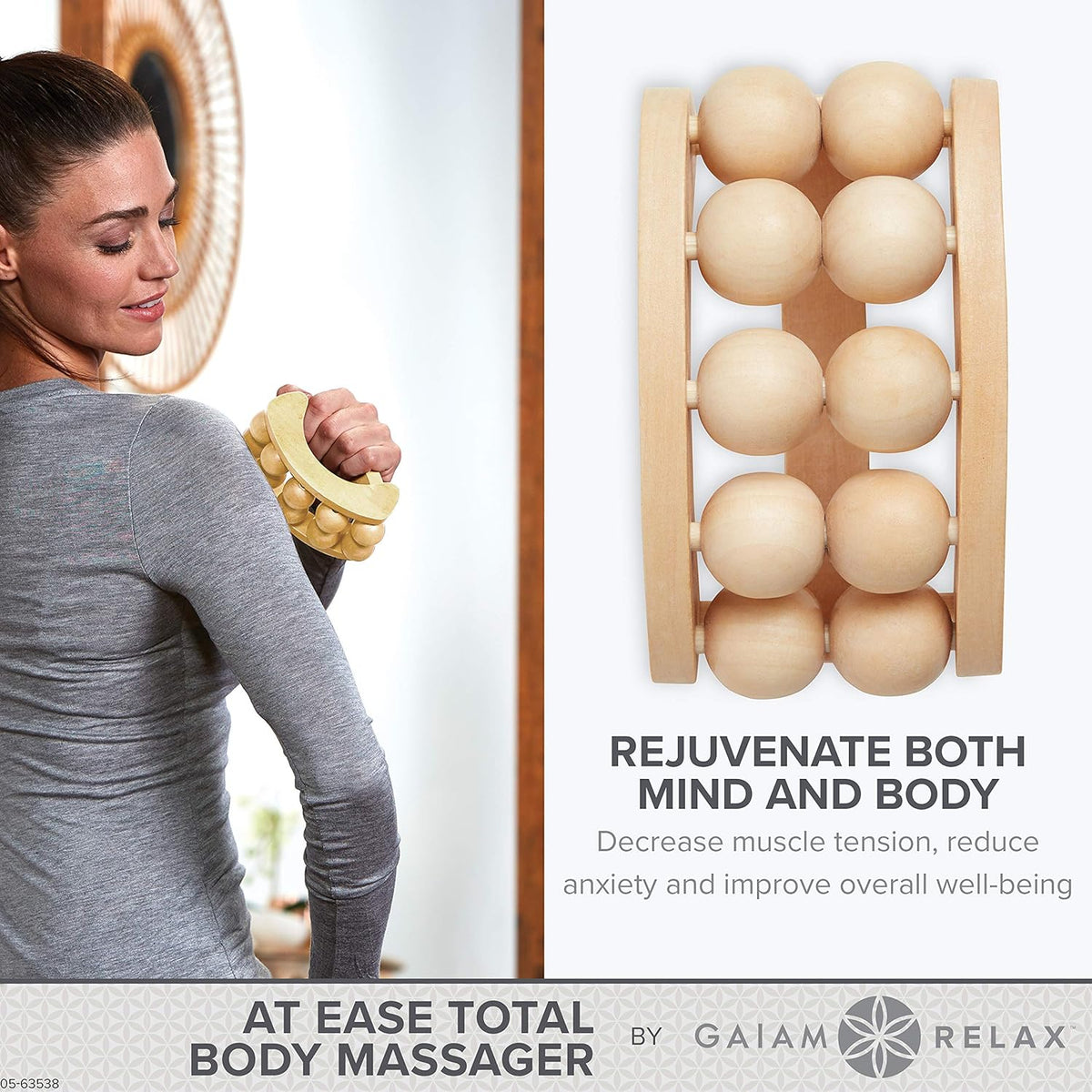 Gaiam Relax Massage Ball Roller, Handheld Wooden Tool