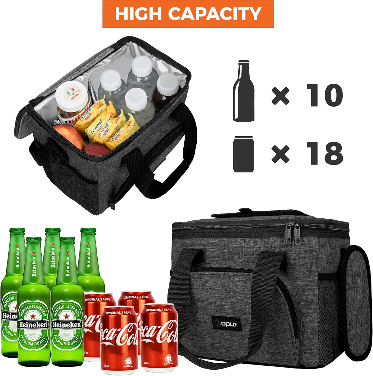 OPUX Soft Cooler Bag, Insulated Collapsible Lunch Cooler Bag for Men Work Camping Beach Travel, Portable Soft Sided Leakproof Waterproof Large Lunch Bag Box with Shoulder Strap 18 Cans, Charcoal Gray