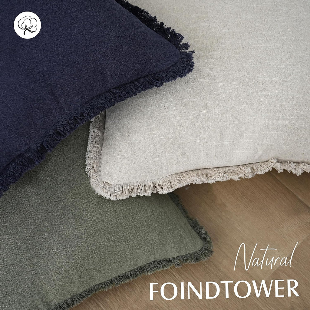 Foindtower Decorative Linen Fringe Throw Pillow Covers 20×20 Inch,Beige
