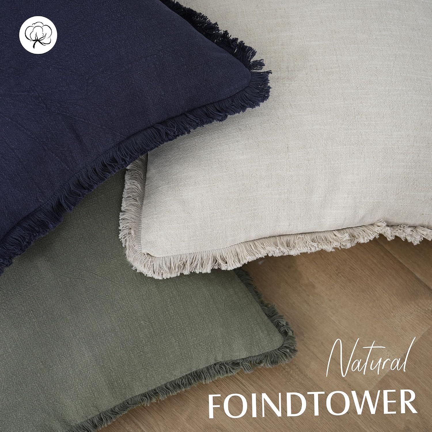 Foindtower Decorative Linen Fringe Throw Pillow Covers 20×20 Inch,Beige