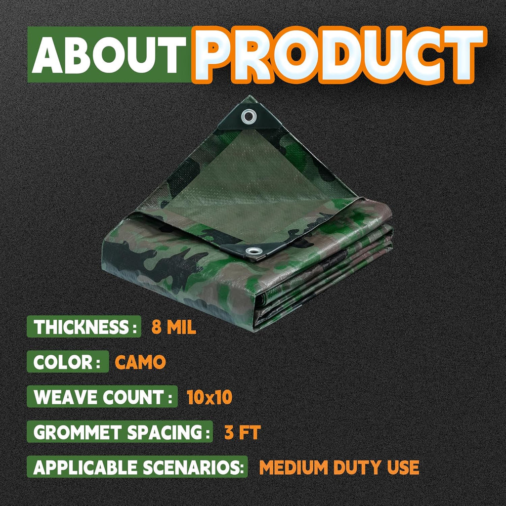 RAINDEWAY Camo Tarp 8x10FT Waterproof Multipurpose Camouflage Tarps Cover