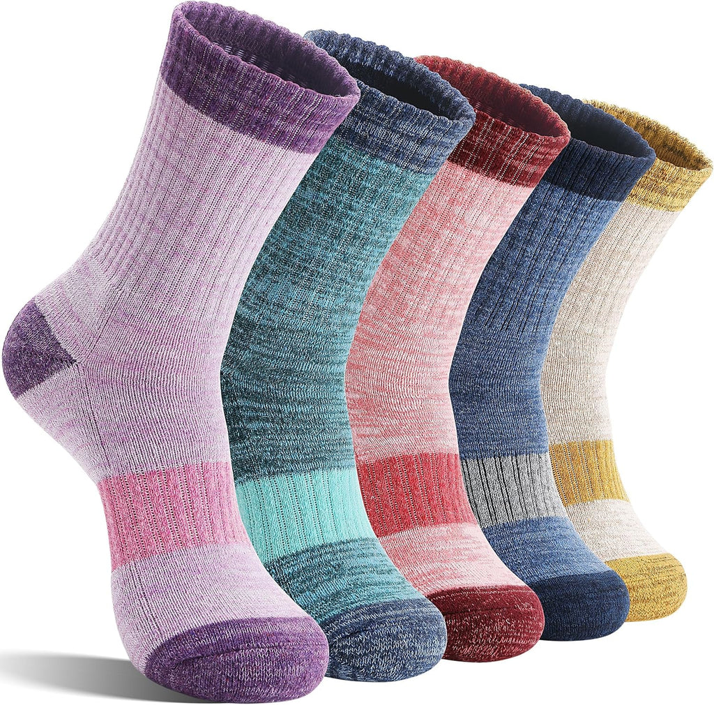 Merino Wool Hiking Socks Thermal Warm Winter Cozy Cushioned Moisture Wicking Crew Socks for Women 5 Pairs