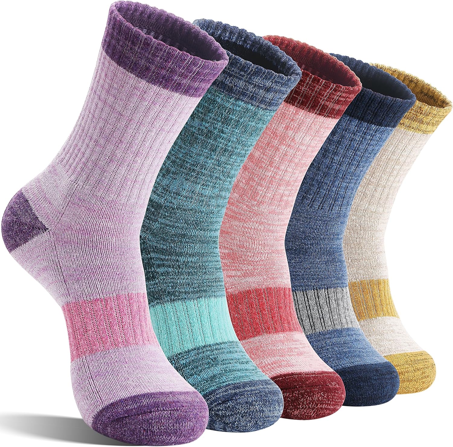 Merino Wool Hiking Socks Thermal Warm Winter Cozy Cushioned Moisture Wicking Crew Socks for Women 5 Pairs