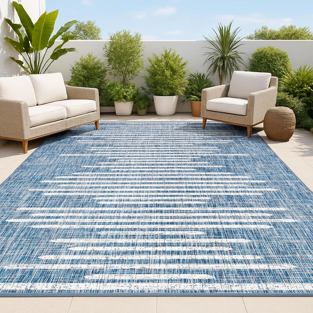 JONATHAN Y Stripe Geometric Indoor Outdoor Area Rug 8X10 Blue/Ivory, Zolak Berber for Backyard, Patio, Porch, Easy-Cleaning, High Traffic, Pet-Friendly, Non-Shedding (SMB124C-8)