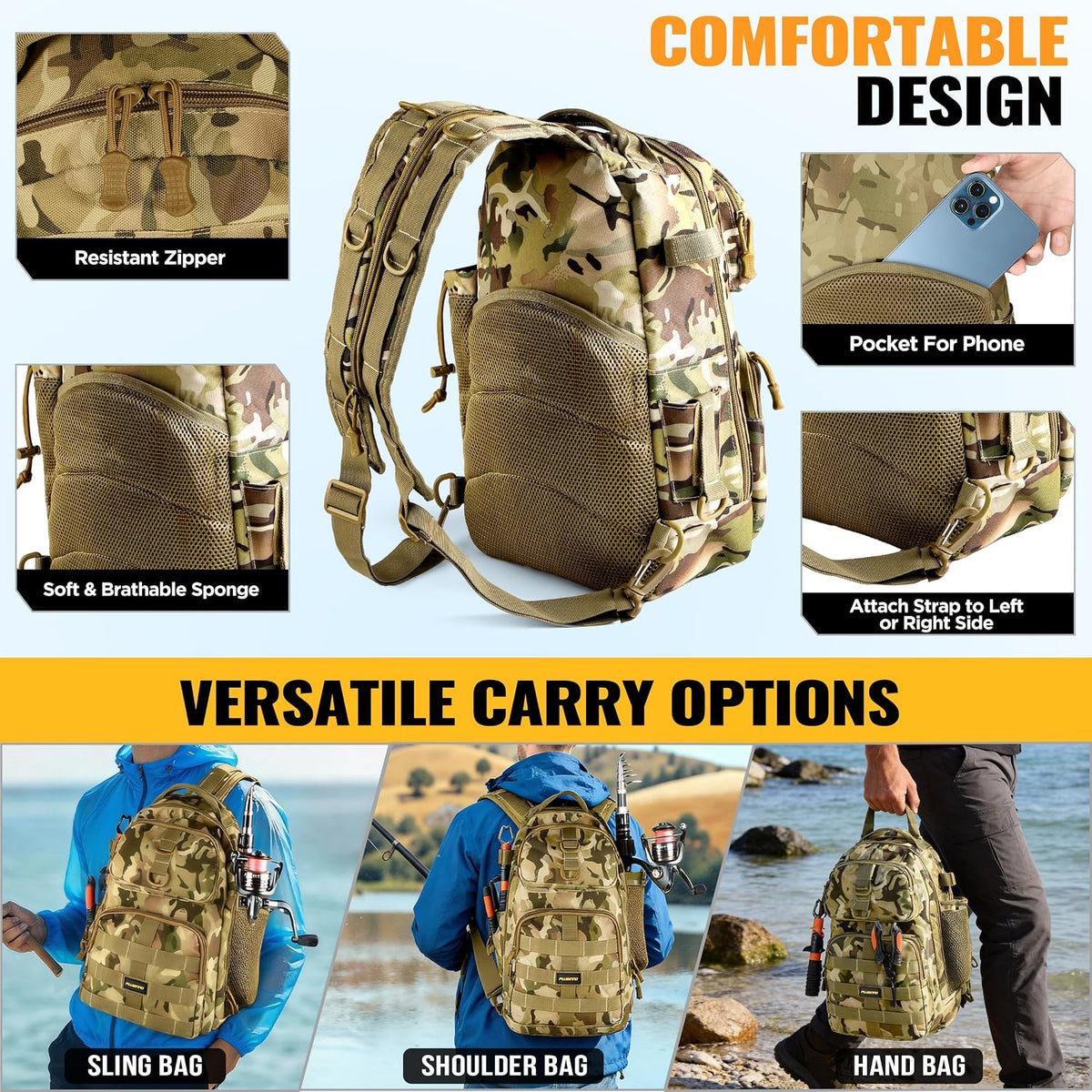 PLUSINNO Fishing Backpack with Fishing Net, Tackle Bag for Fishing Gear